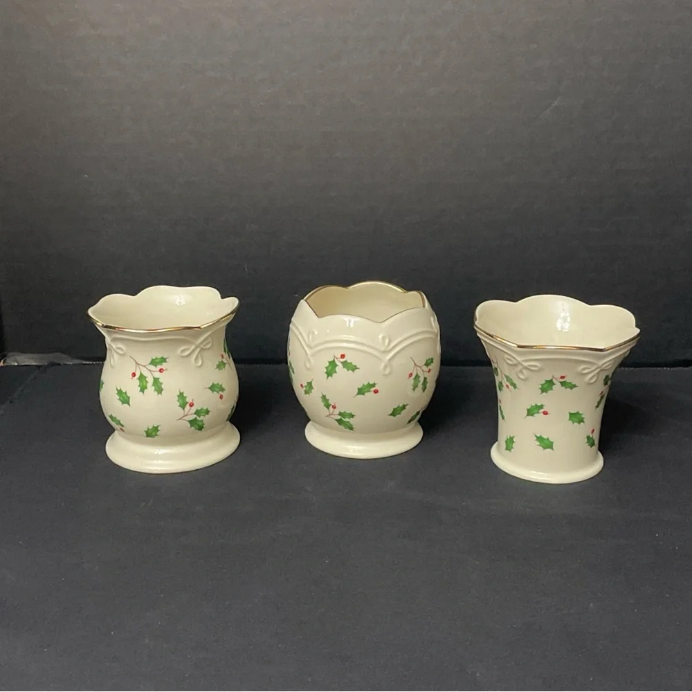Lenox Holiday Votives Set of 3 Holly Leaves & Berries Christmas Seasonal Classic